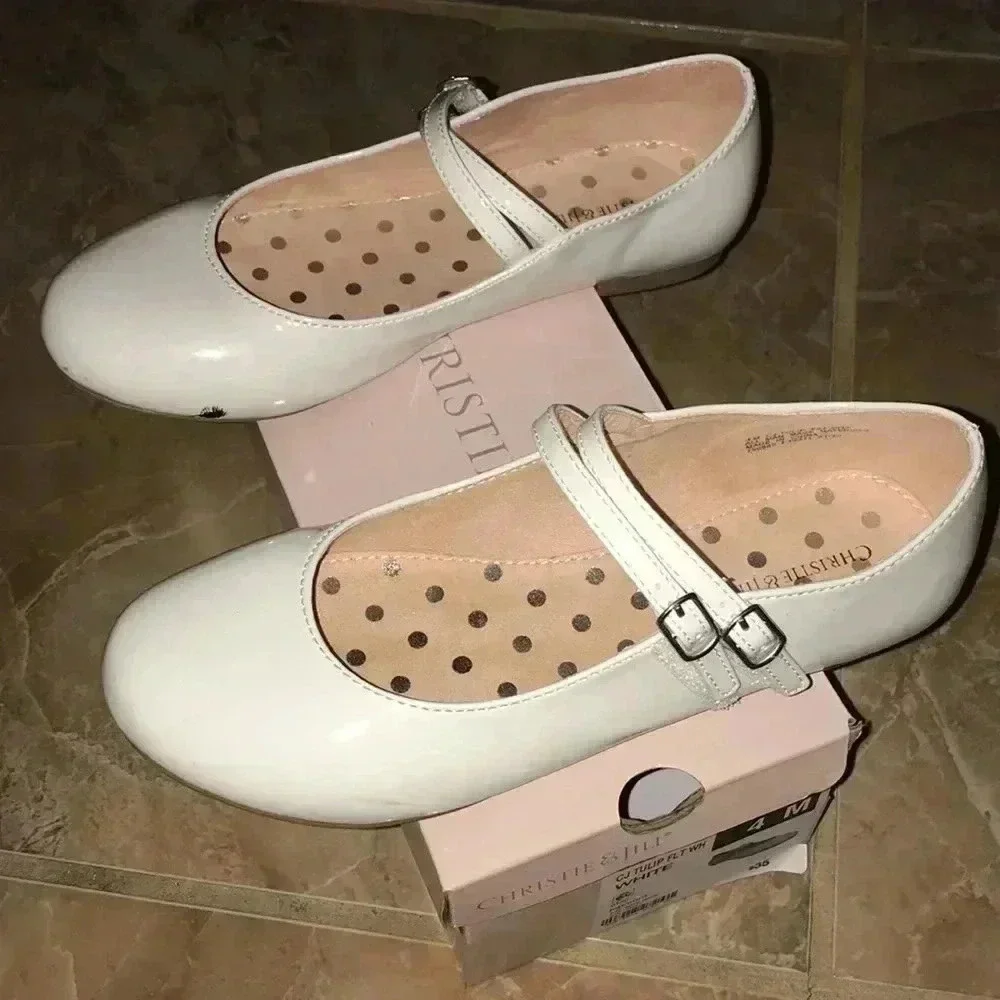 Christie & Jill Size 4 White Patent Flats with Strap. Preloved